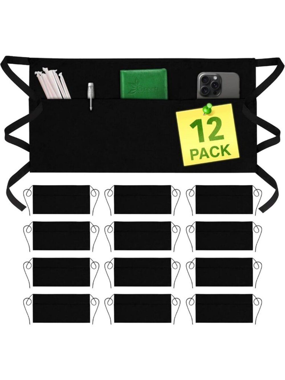 Versatile Waist Apron with 3 Pockets - Water Resistant, Reinforced Seams, 12